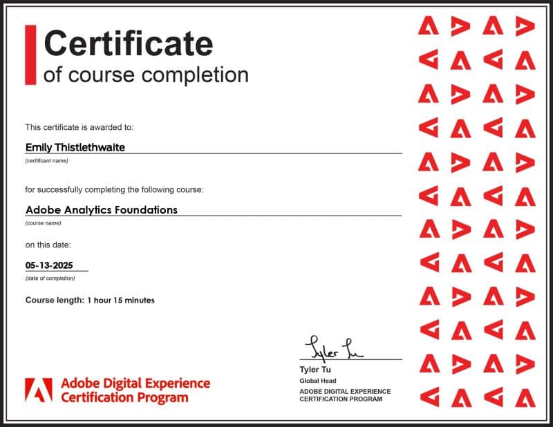 Congratulations to Emily, our Ecommerce Optimisation Manager, for completing the Adobe Target and Analytics Foundations courses.